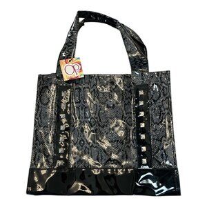 OP Black Snake Print Studded Tote Bag Patent Faux Leather Large Shoulder Handbag